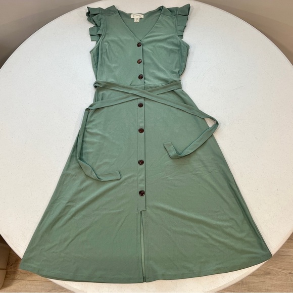 Monteau sage green ruffle cap sleeve midi dress small buttons tie waist small - Picture 2 of 8